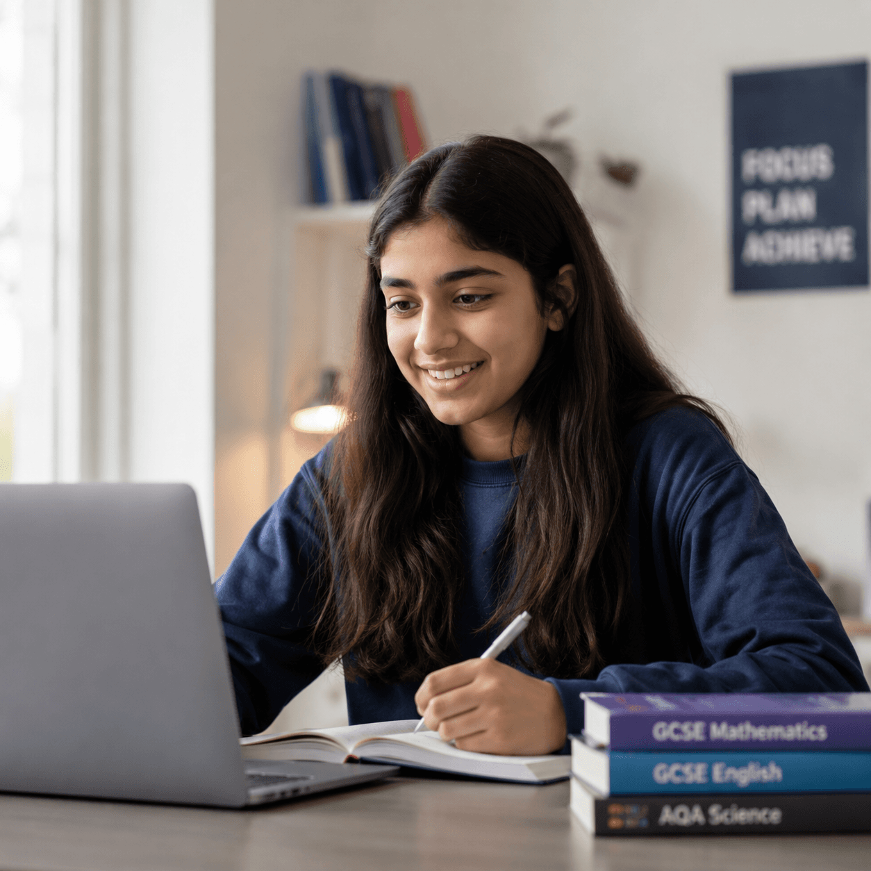 Student studying with GCSE textbooks and laptop