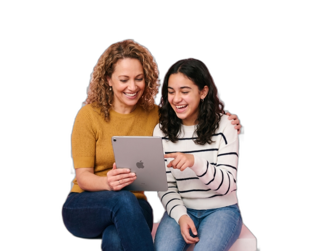 Parent and child reviewing a tablet together